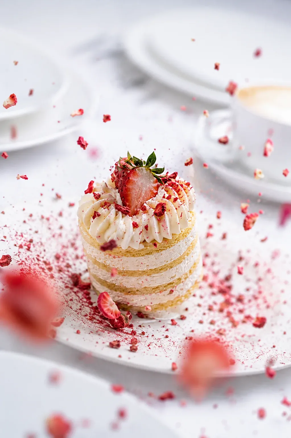 Layered strawberry cream cake with freeze-dried strawberry pieces, photo by Alex Slyadnev