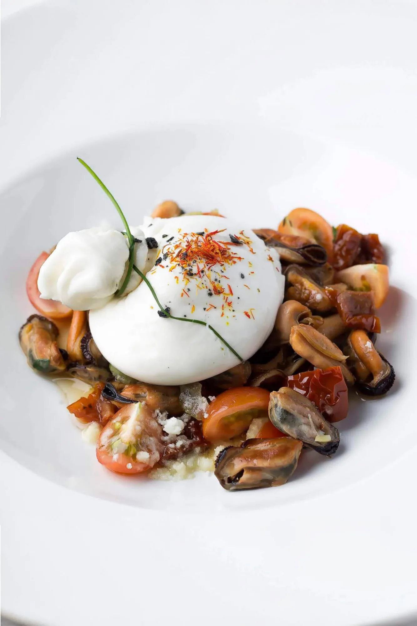 Poached egg with mussels, cherry tomatoes and chives in a white bowl, photo by Alex Slyadnev