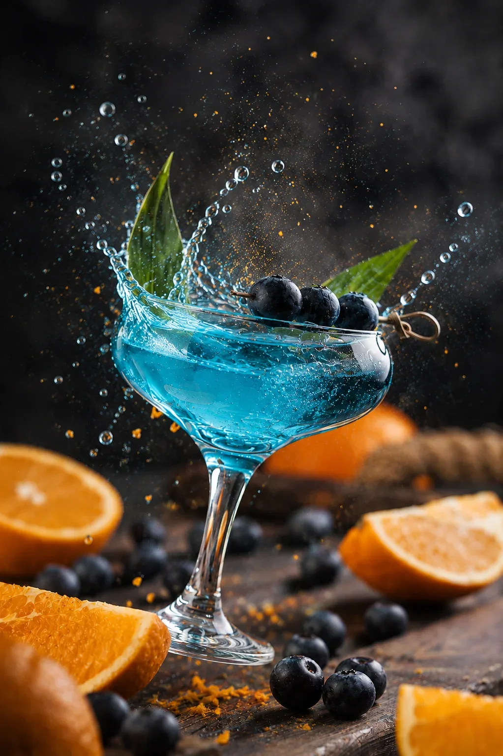 Blue cocktail splash with blueberries and oranges, photo by Alex Slyadnev