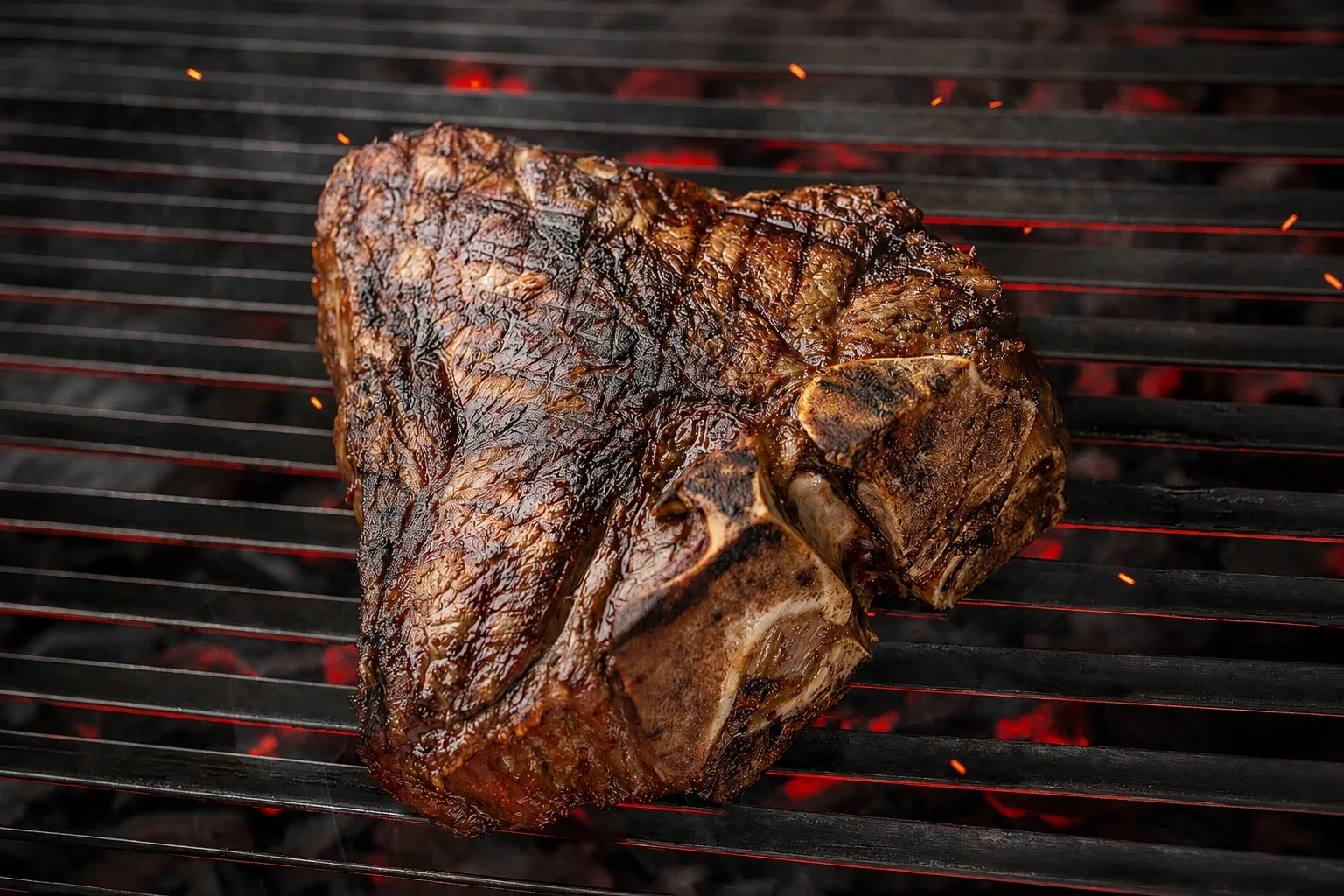 Grilled T-bone steak on a barbecue grate over glowing coals, photo by Alex Slyadnev