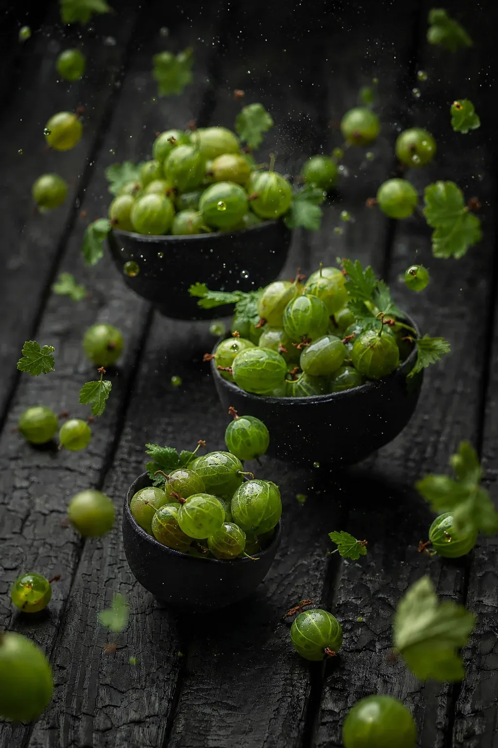 Fresh green gooseberries in black bowls on a dark wooden table, photo by Alex Slyadnev