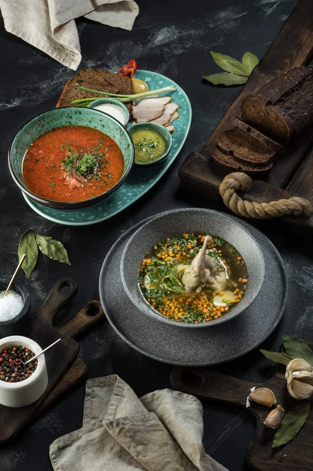 Borscht and chicken soup with rye bread and salo, restaurant menu photo, photo by Alex Slyadnev