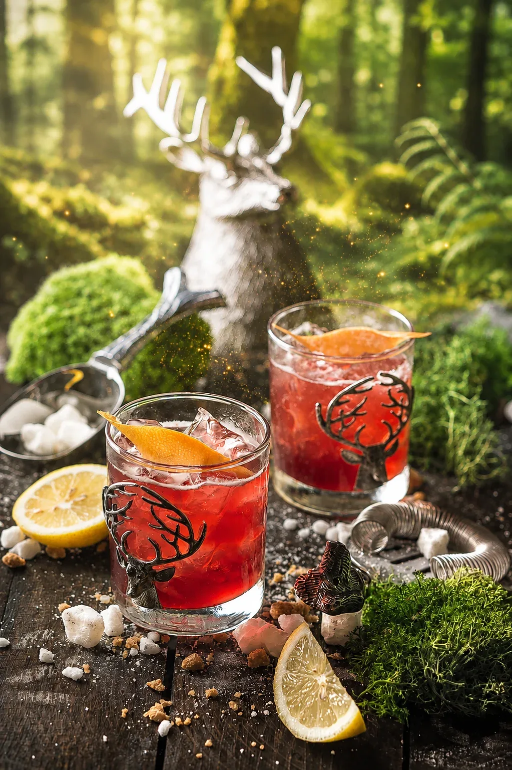 Red cocktails with orange peel and a silver deer figure on moss, photo by Alex Slyadnev