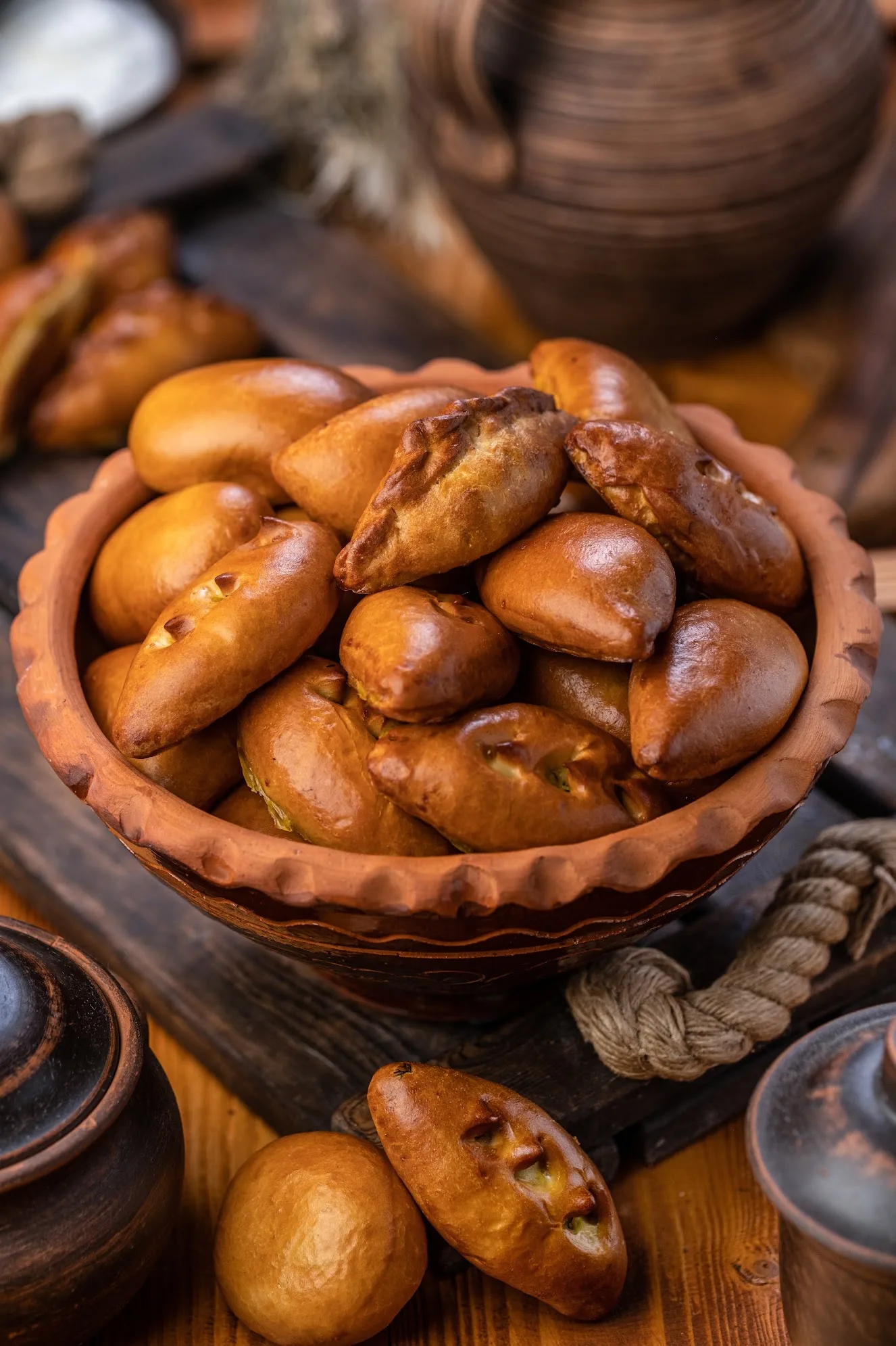 Baked pirozhki buns in a clay bowl, food photo by Alex Slyadnev