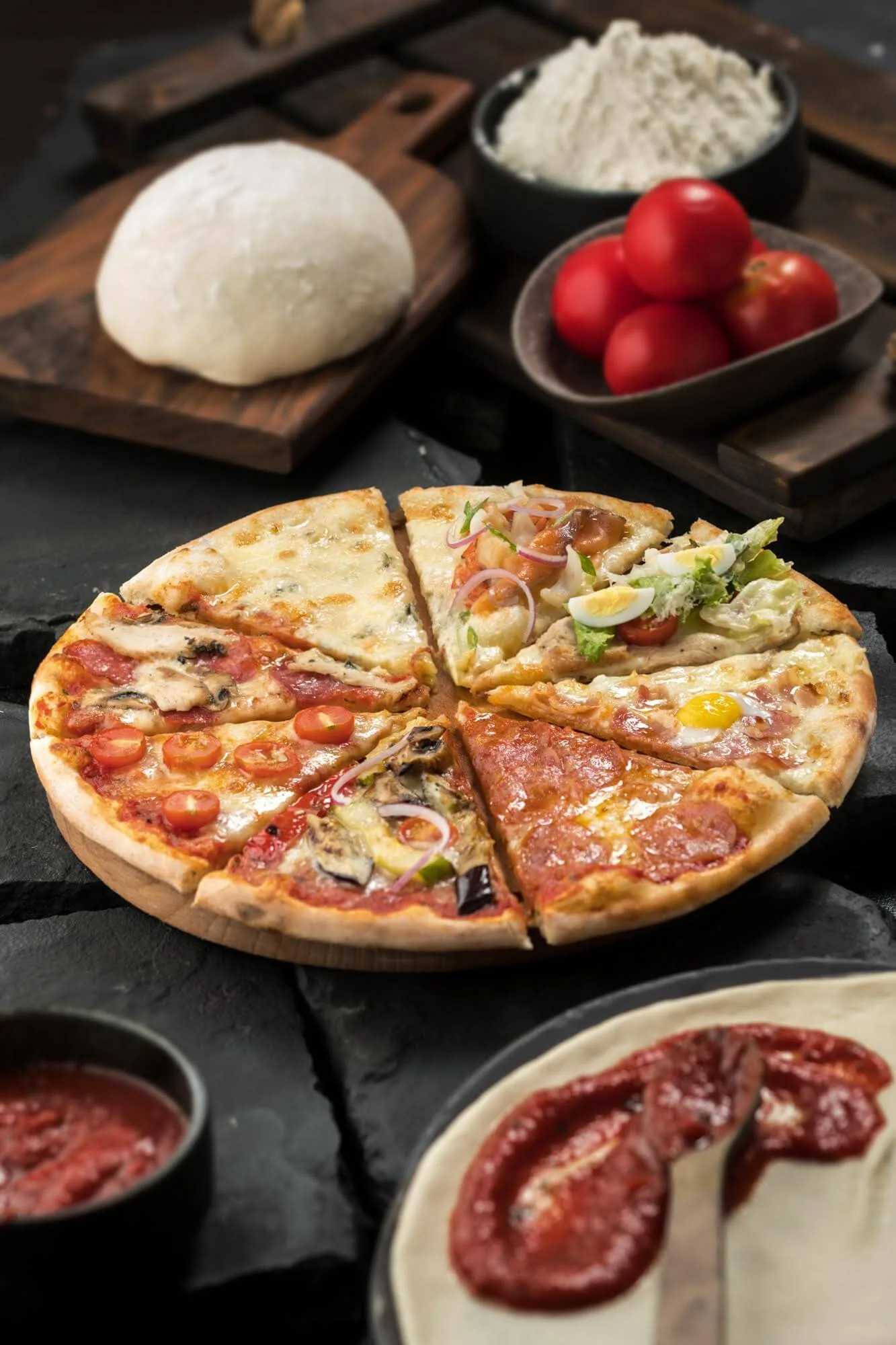 Sliced pizza with four toppings on a wooden board, photo by Alex Slyadnev