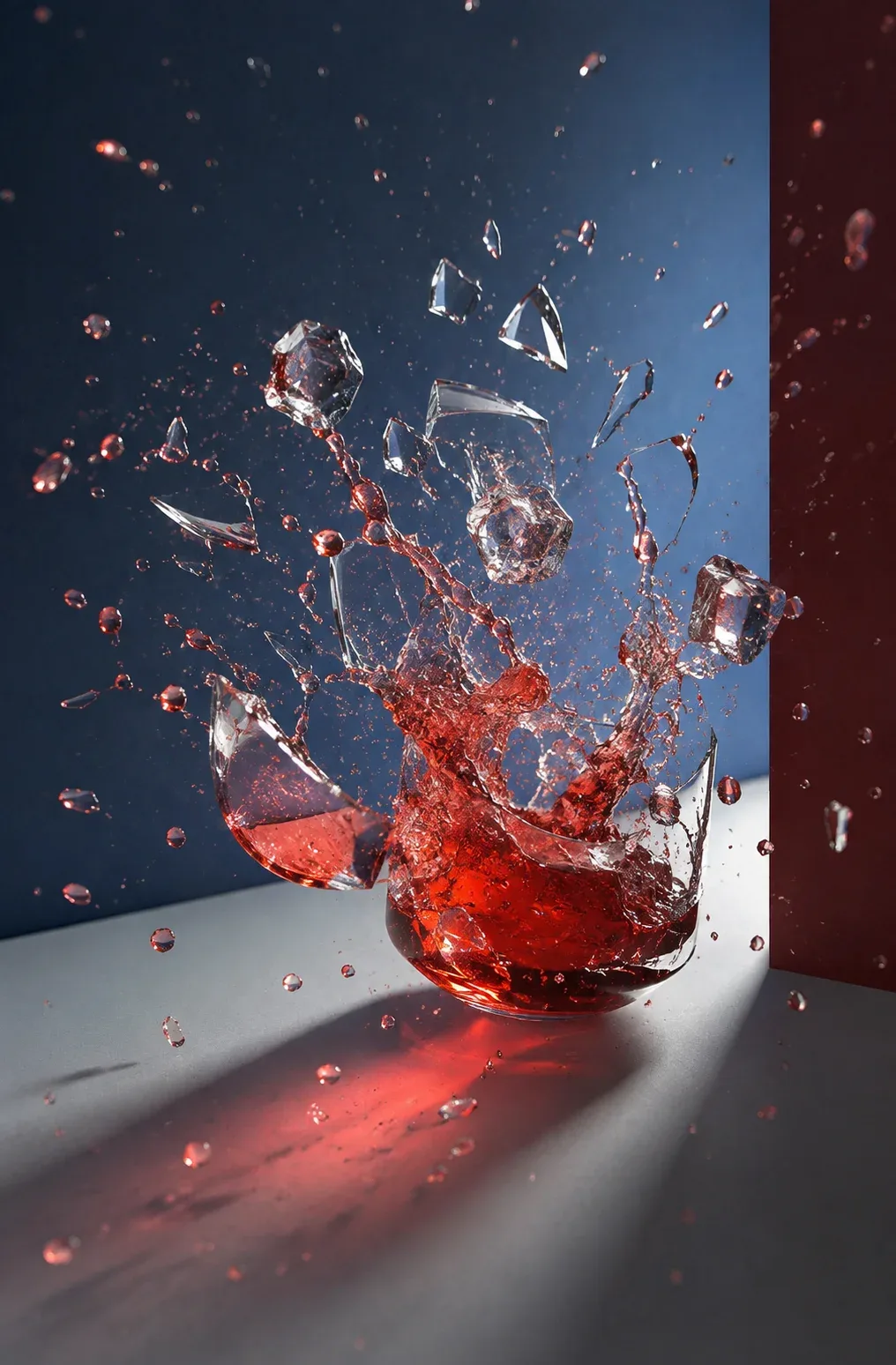 Glass of red wine shattering mid-air, high-speed beverage photography, photo by Alex Slyadnev