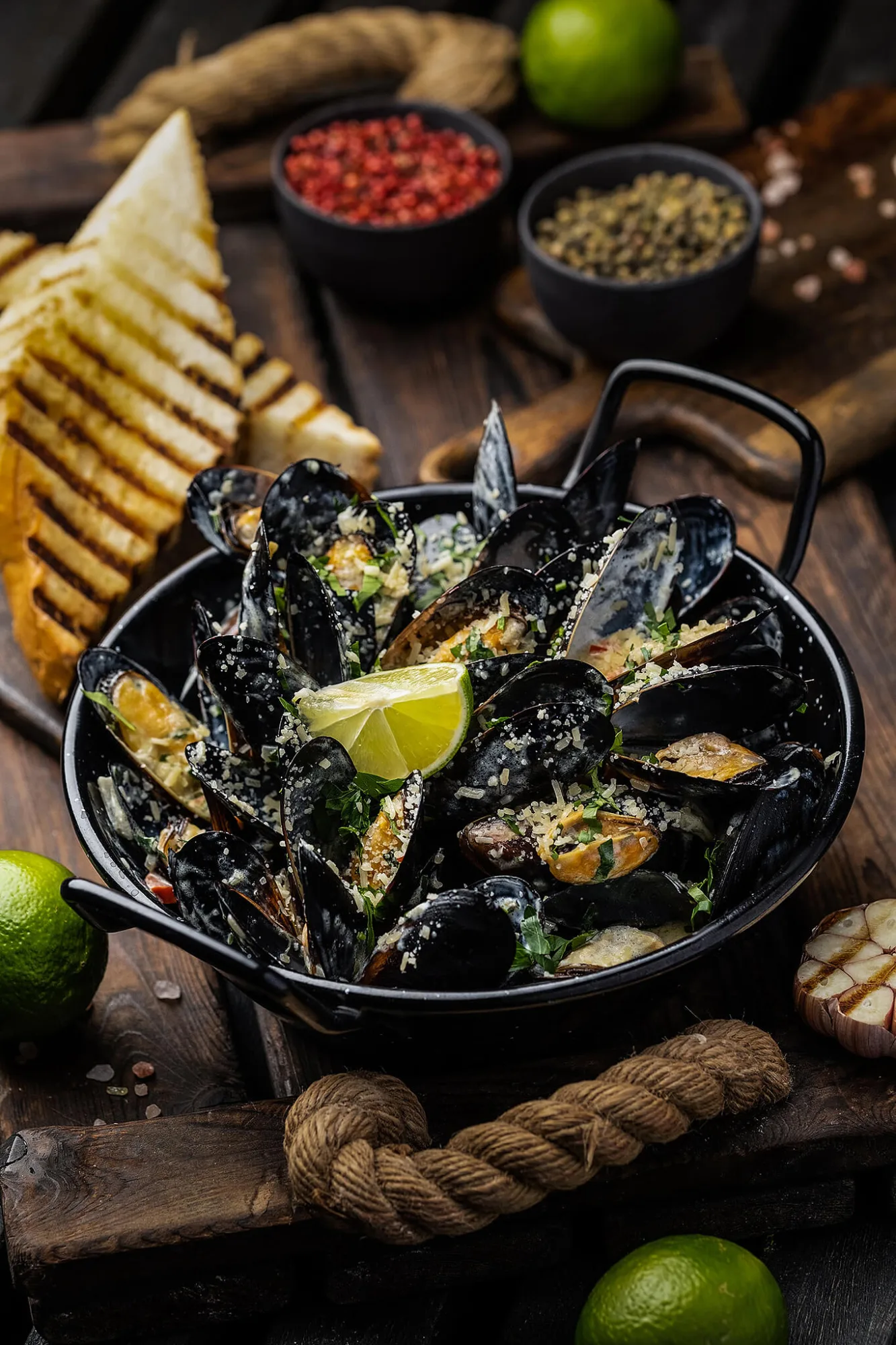 Mussels in creamy garlic sauce with lime and grilled bread, photo by Alex Slyadnev