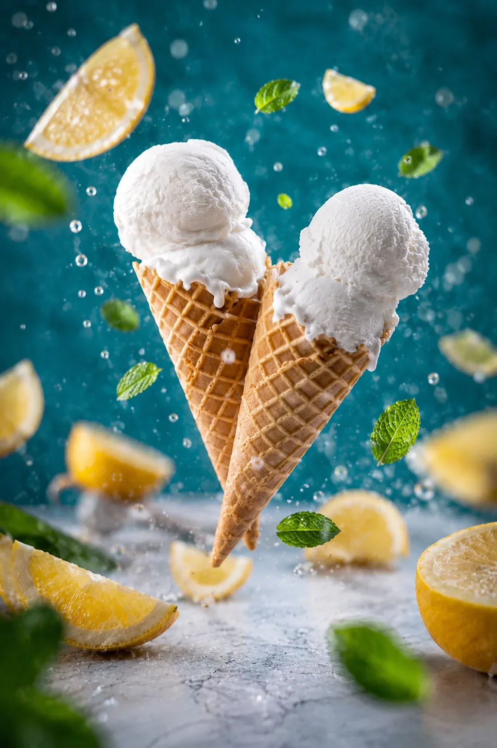 Lemon sorbet in waffle cones with flying lemon slices and mint, photo by Alex Slyadnev