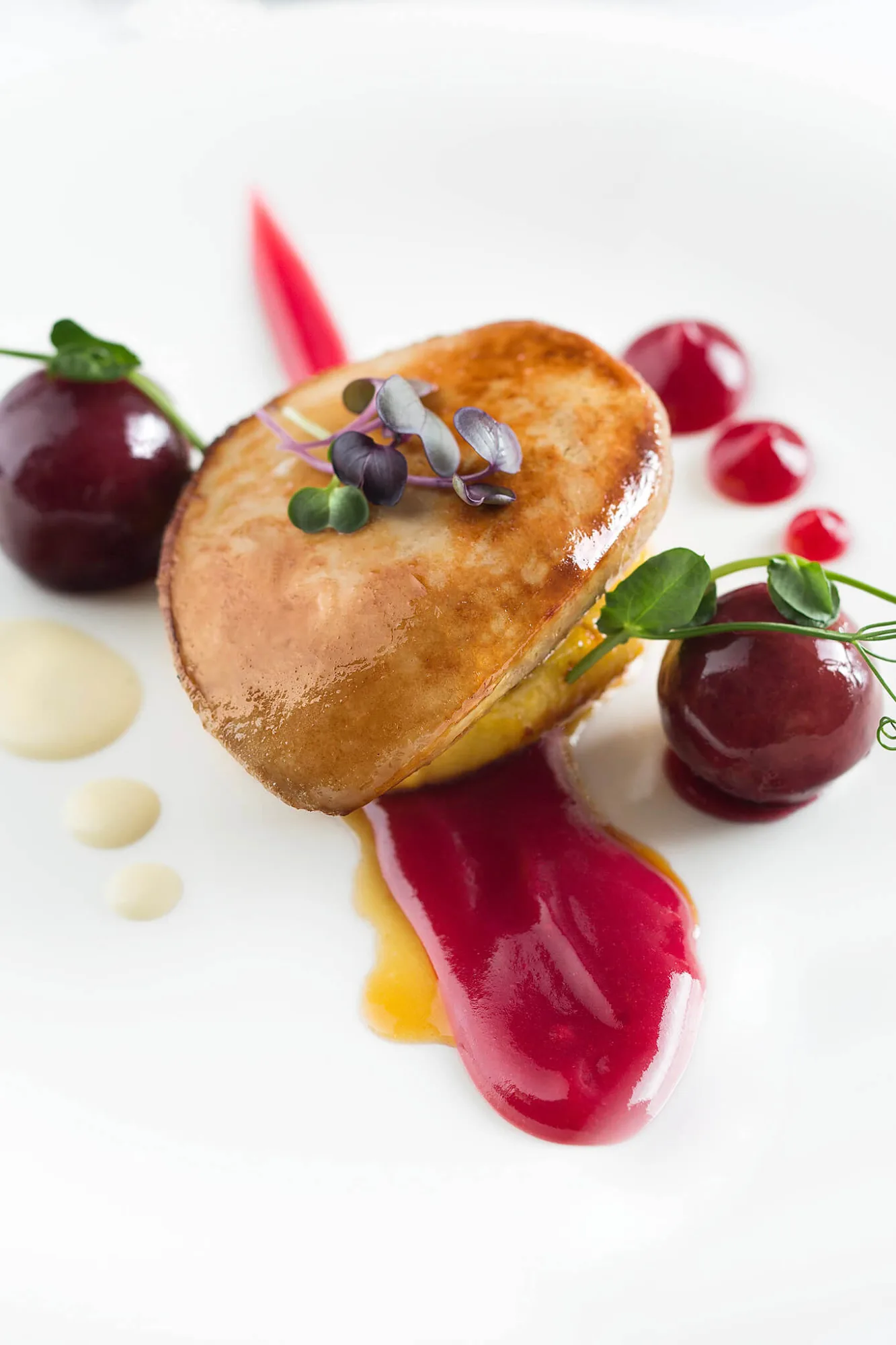 Seared foie gras with cherries and beetroot sauce, fine dining plating, photo by Alex Slyadnev