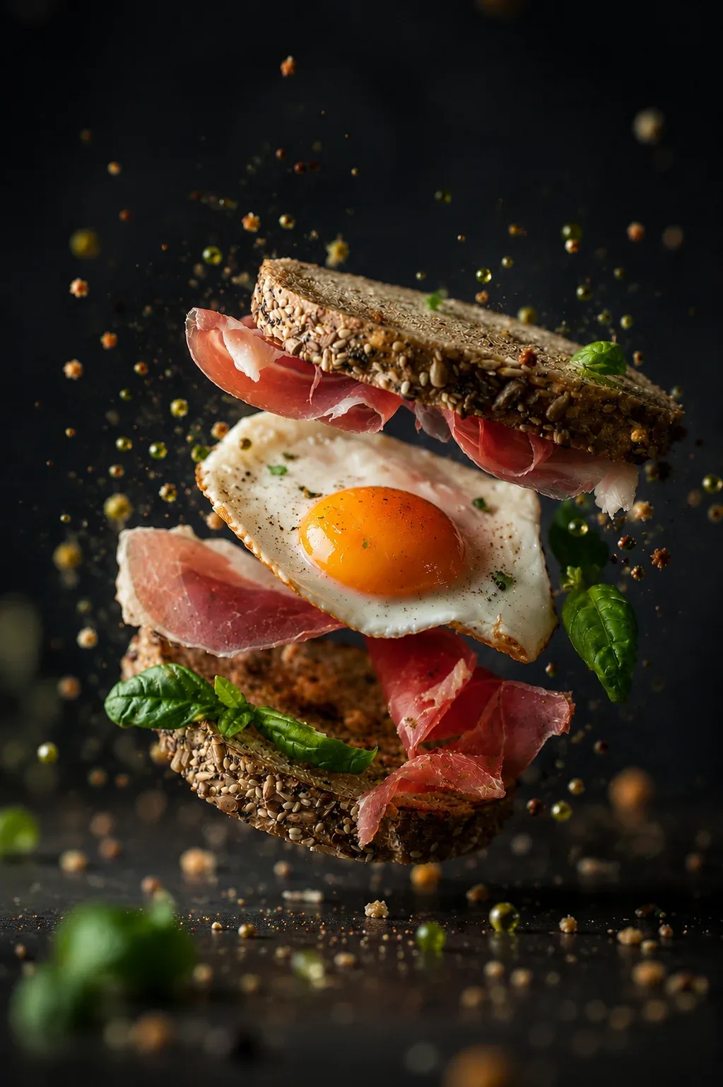 Levitating sandwich with fried egg, prosciutto and basil on dark background, photo by Alex Slyadnev