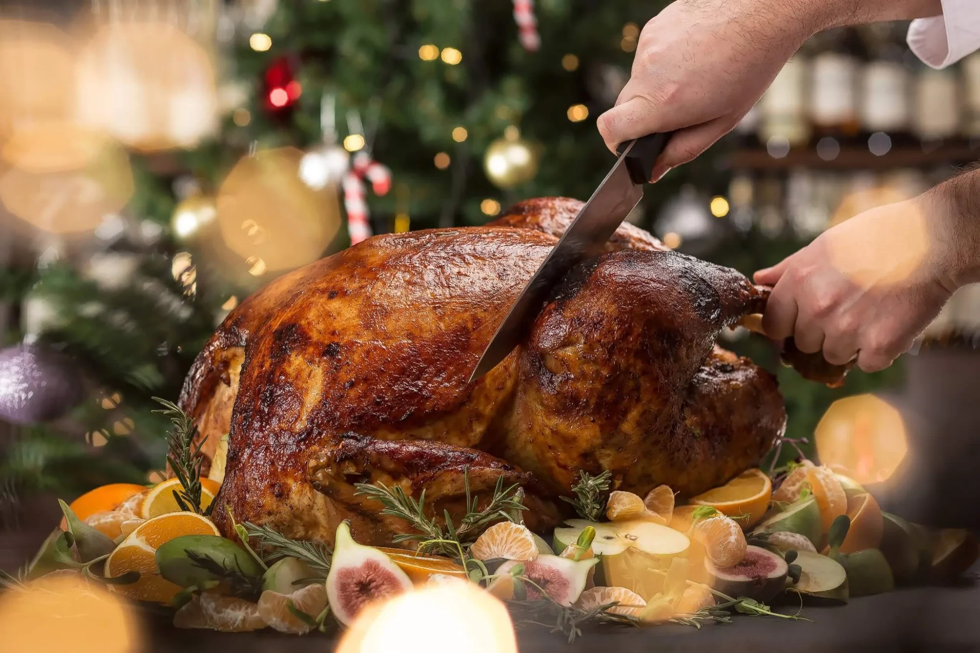 Chef carving roast Christmas turkey with fruit, photo by Alex Slyadnev