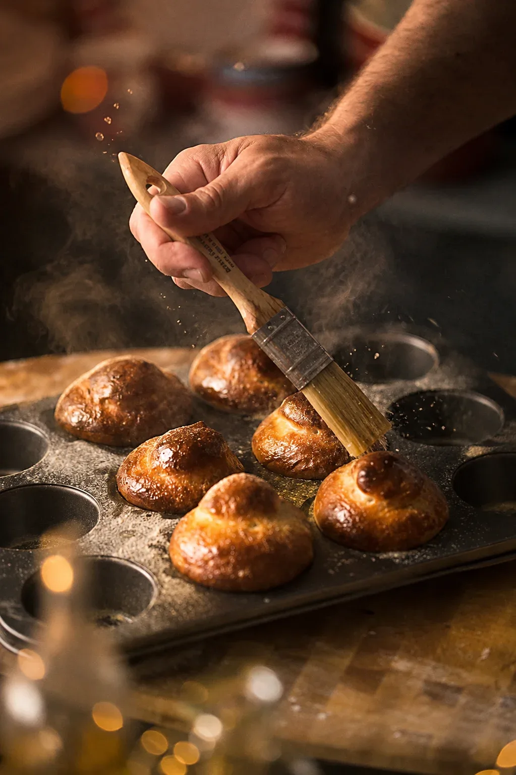 Baker brushing golden brioche buns in a muffin tin, by Alex Slyadnev