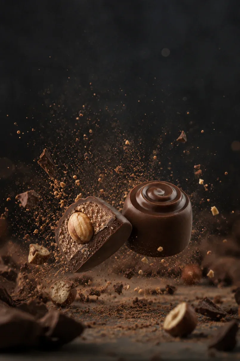Hazelnut chocolate candies exploding in cocoa powder, photo by Alex Slyadnev